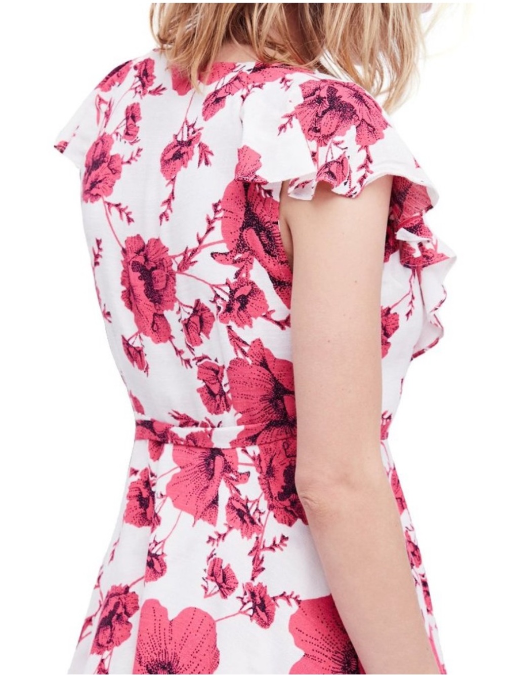 Free People French Quarter Wrap Dress Pink Floral Ruffle Boho Mini Cottagecore L - Picture 3 of 10